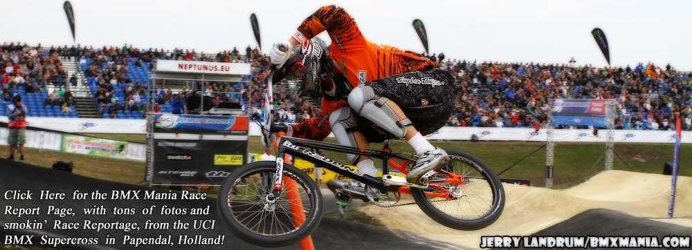 Raymon van der Beizen, stylin' his way thru one of the sweetest jumps in BMX history at the UCI BMX SX race in Papendal, The Netherlands.